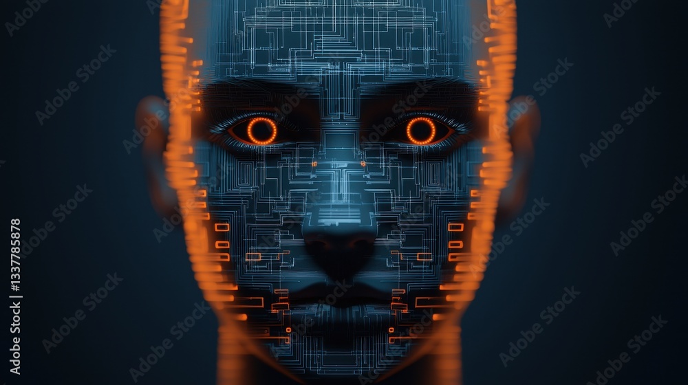 Aufkleber a futuristic digital face with glowing circuitry and bright eyes, representing advanced technology a