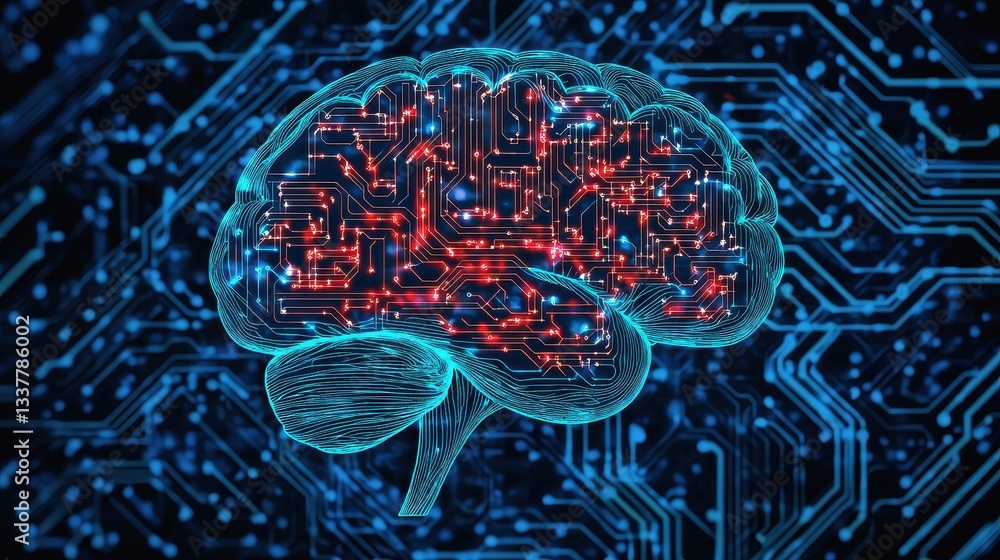 Poster a digital representation of a brain with circuit patterns, symbolizing the intersection of neuroscie
