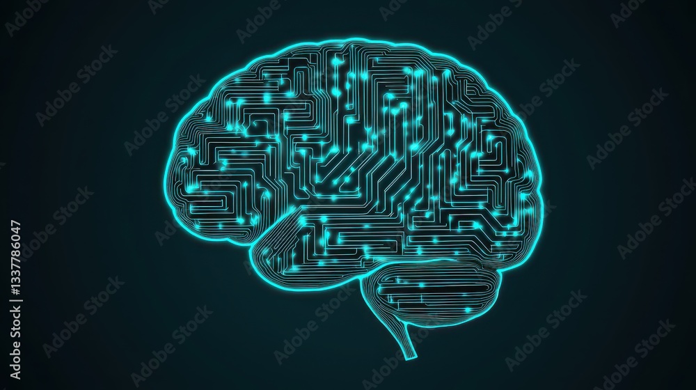 Aufkleber a digital representation of a brain, featuring circuit patterns and a glowing blue outline against a