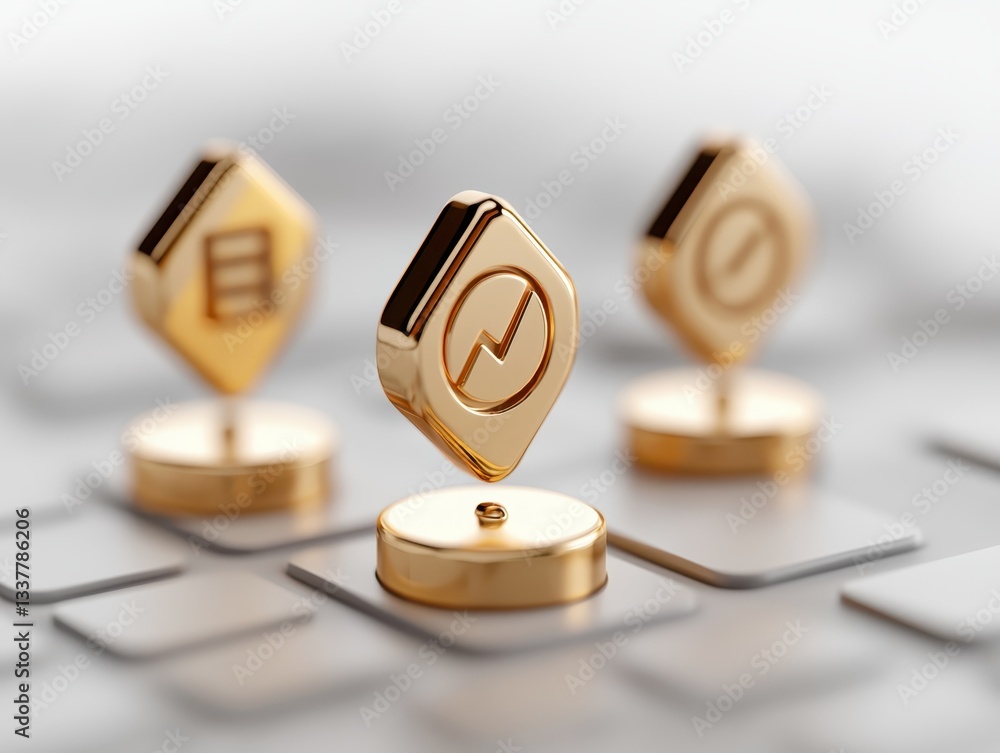 Poster golden icons representing digital concepts on a modern keyboard.