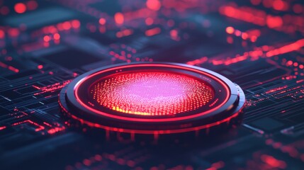 A vibrant, futuristic button illuminated in red, set against a detailed circuit board background, suggesting technology and digital innovation.