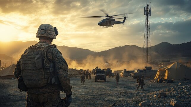 Soldiers navigate a military base as a helicopter flies above during a tense operation