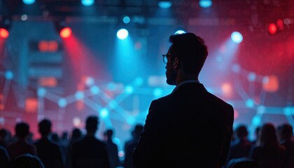Silhouette of man with glasses looks at stage with presentation on digital network event. Audience watches modern performance in blue, red lights. Innovation, connection, business conference, science