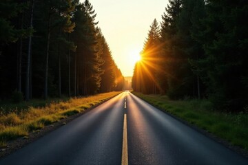 Obraz premium Asphalt road stretching towards a radiant sunset, lined with tall evergreen trees casting long shadows, symbolizes a journey into the unknown