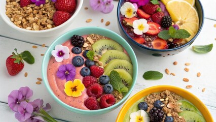 Fototapeta premium Colorful smoothie bowls topped with fresh fruits, granola, and edible flowers, beautifully arranged on a light background.