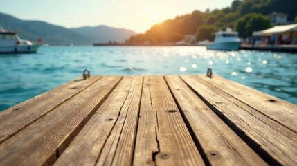 Obraz premium Serene Sunset View from a Rustic Wooden Dock Overlooking a Calm Bay