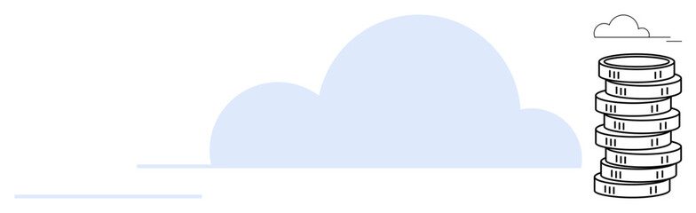 Stacked coins next to a minimalist blue cloud highlight digital savings, storage, and finance. Ideal for technology, economy, cloud computing, innovation, fintech data investment. Flat simple
