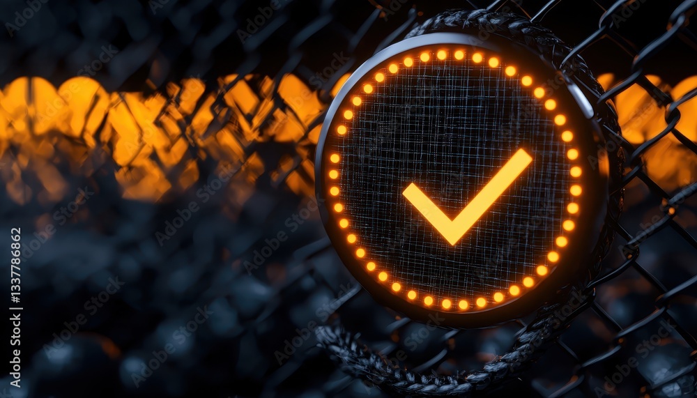 Poster illuminated checkmark symbol on a dark background, symbolizing verification and approval.