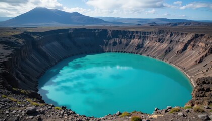 Stunning Crater Lake Surrounded by Volcanic Terrain and Mountains