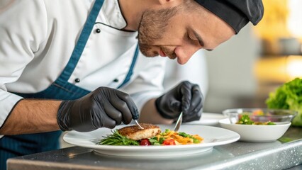 A chef meticulously plating a gourmet dish, showcasing culinary skills with fresh ingredients and attention to detail.