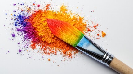 Fototapeta premium Vibrant rainbow paint powder explosion around a paintbrush on white background. Colorful pigments scattered, artistic and creative image.