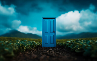 A surreal blue door stands alone in a lush green field under a dramatic sky, symbolizing opportunity and exploration.