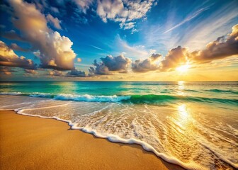 Peaceful Beach Scene: Turquoise Ocean Waves Crashing on Golden Sandy Shore at Sunset