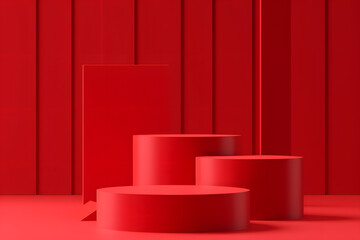 The red background and red cubes create a bold and vibrant atmosphere. The cubes are arranged in a row, with the tallest one in the middle and the shortest one on the right
