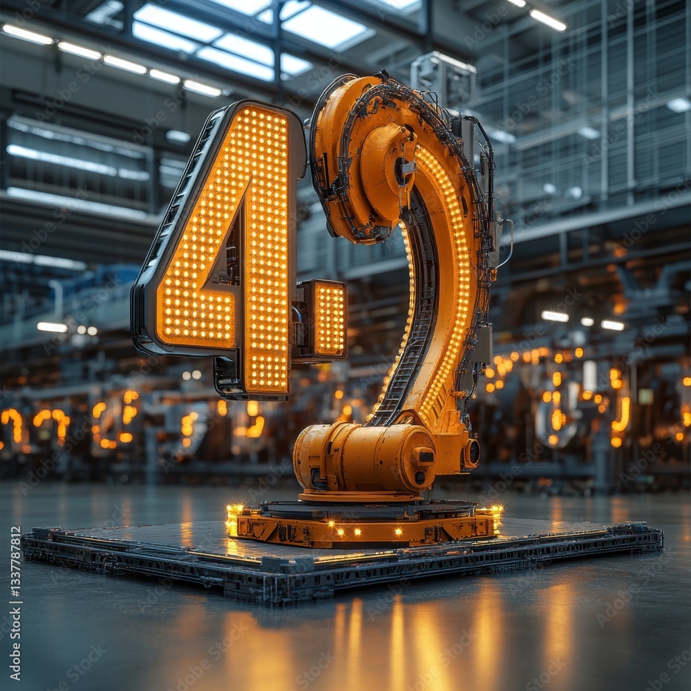 Poster illuminated number 4.2 with robotic arm in industrial setting. reflective metallic surfaces and warm