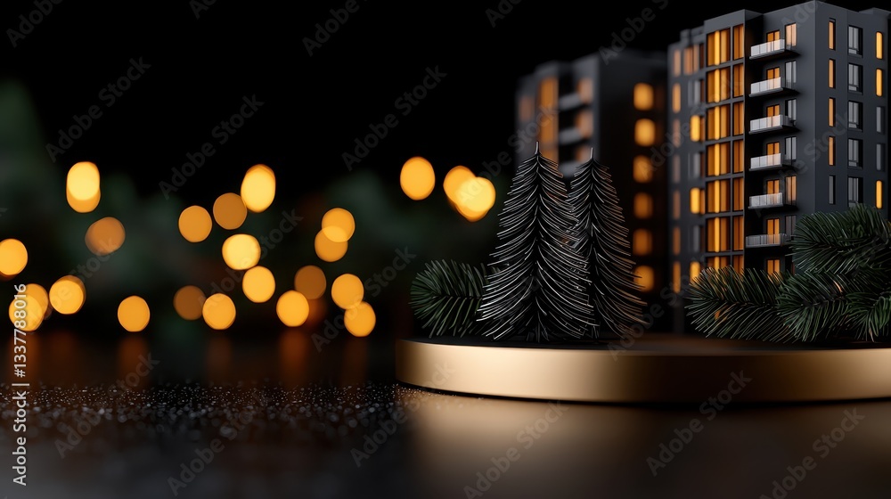 Poster modern miniature building on a round base surrounded by festive bokeh lights.