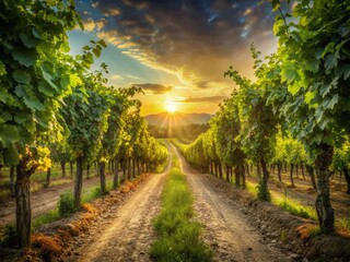 Obraz premium Penedès Vineyard Sunset: Double Exposure of Grapevines and Forest Path