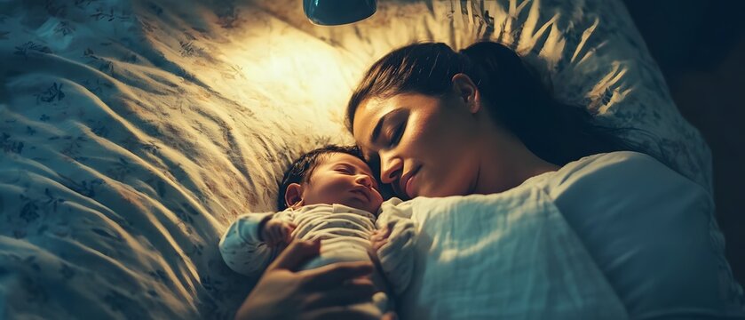 A mother tenderly nursing her baby while lying comfortably in bed the scene bathed in a warm cinematic lighting that creates a peaceful intimate atmosphere
