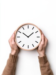 Person holding a modern wooden clock, symbolizing time management and productivity.