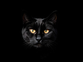 Obraz premium Create a side profile high definition portrait photo of a black cat with bright yellow eyes and snowflakes covering the cats body. The background is completely black, dotted with tiny white stars like