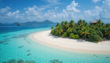 Fototapeta premium Serene Island Paradise with Palm Trees and Clear Blue Waters