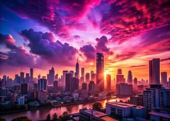 Fototapeta premium Pink and Purple Sunset Cityscape - Urban Skyline at Dusk, Breathtaking Golden Hour View