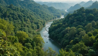 Serene River Winds Through Lush Green Valley Under Blue Sky