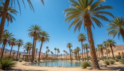 Fototapeta premium Tranquil Desert Oasis with Palm Trees and Clear Blue Sky