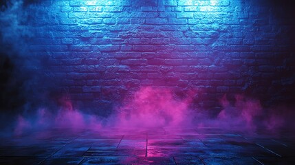 Obraz premium Illuminated Brick Wall with Mist and Neon Lighting Providing a Stage Effect