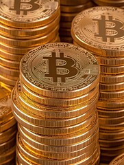 Stack of shiny golden Bitcoin coins reflecting modern digital currency.