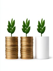 Stacks of coins with green plants symbolizing growth and investment.