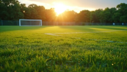 Rich green soccer field under golden sunrise. Morning sunlight on lawn grass evokes calmness. Sport recreation scene with empty goal and clear sky over open space. Healthy lifestyle, serenity.
