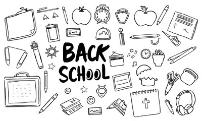 Back to school season brings excitement and preparation with various school supplies and symbols. This illustration features items like pens, notebooks, apples, and clocks, capturing essence of