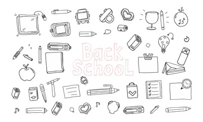 Back to school theme with various school supplies and doodles, including pens, notebooks, and apple, creating fun and creative atmosphere for learning