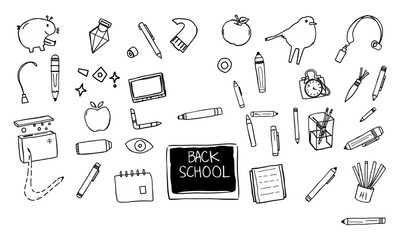 Back to school illustration featuring various school supplies like pencils, notebooks, and apple, creating fun and educational atmosphere
