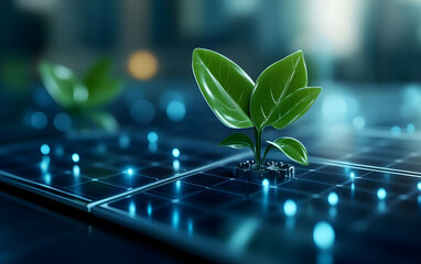 A vibrant green plant emerges from solar panels, symbolizing the fusion of nature and technology in sustainable energy.