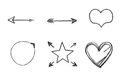 Hand drawn doodle sketches of arrows, hearts, and stars create playful and artistic vibe. These simple yet expressive designs can be used for various creative projects