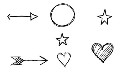 Hand drawn doodle sketches featuring arrows, circles, stars, and hearts, perfect for creative projects and designs. These playful elements add whimsical touch to any artwork