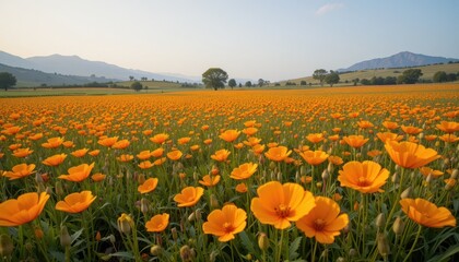 Obraz premium Vibrant Yellow Flower Field Under Blue Sky with Scenic Mountains