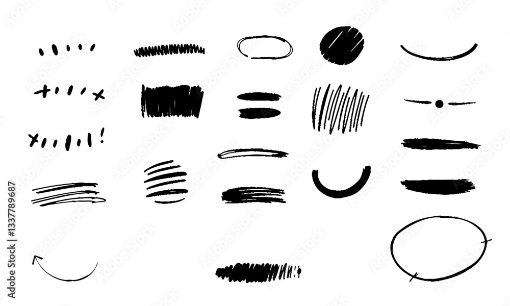 Poster collection of hand drawn highlight strokes and ellipses various styles and thicknesses, perfect for 