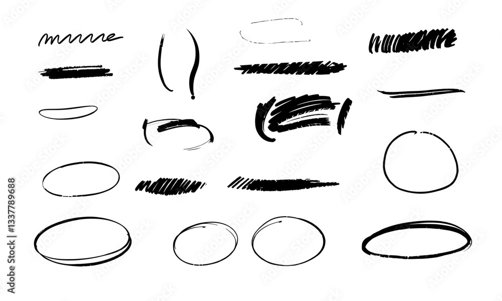 Poster hand drawn strokes and ellipses in various styles and sizes, showcasing artistic creativity and vers