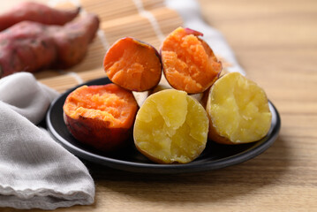 Orange and yellow sweet potato on plate ready to eating, Healthy food