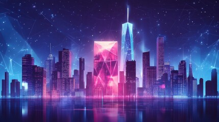 Obraz premium Neon Cityscape Futuristic Metropolis at Night with Glowing Skyscrapers and Digital Network