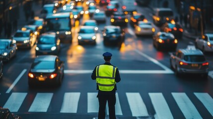 Obraz premium Traffic officer controls busy city road intersection during evening rush hour