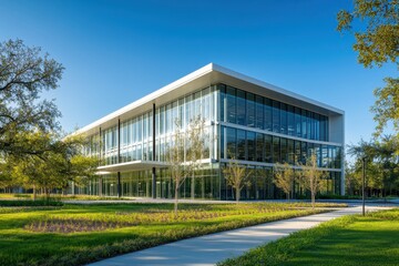 Obraz premium Modern glass building with sleek design and lush green surroundings.