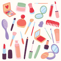 Woman cosmetic products. Beauty make up set of cosmetics, vector set. Cartoon style.