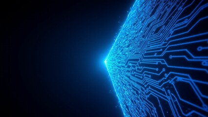 Abstract glowing blue circuit board pattern against a dark background symbolizing technology and innovation.