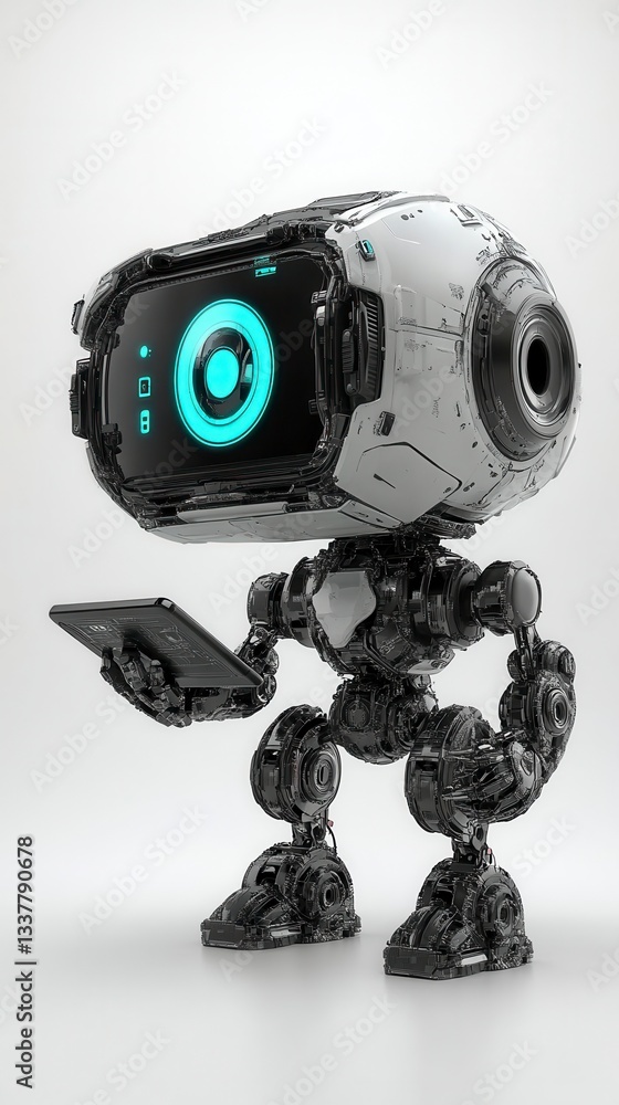 Poster a small, white and black robot with a digital display holds a tablet. the robot is depicted against 