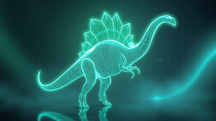 A digital painting of a holographic Parasaurolophus with a long curved crest glowing light green and cyan wireframe against a digital grid background with floating light particles and a scanline.