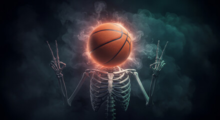 A basketball head skeleton is giving peace hand gestures